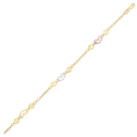 Size: 10'' - 14k Tri-Color Gold Anklet with Multi Color Heart Stations