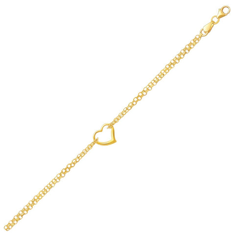 Size: 10'' - 10k Yellow Gold Double Rolo Chain Anklet with an Open Heart Station