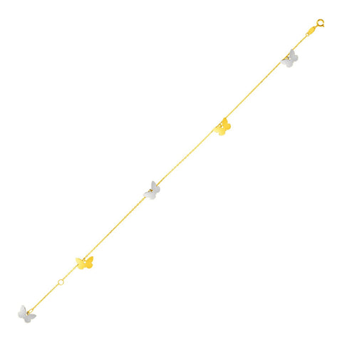 Size: 10'' - 14k Two Tone Gold Anklet with Butterflies