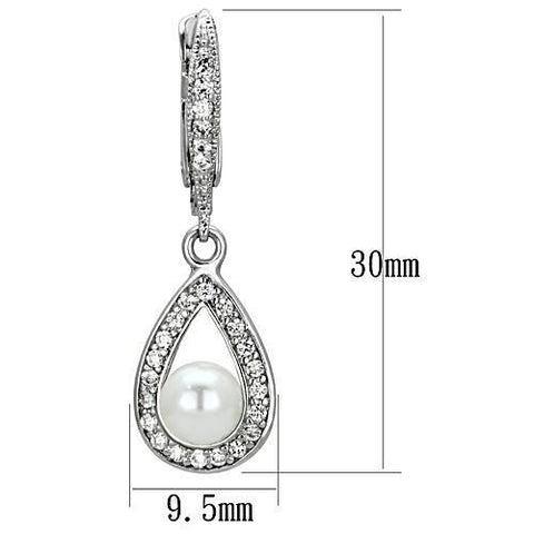 3W344 - Rhodium Brass Earrings with Synthetic Pearl in White