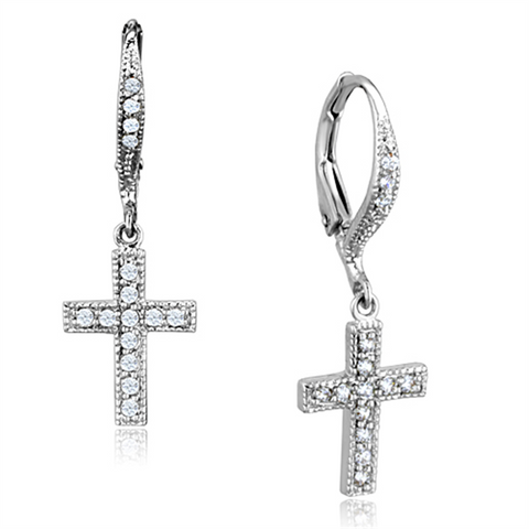 3W688 - Rhodium Brass Earrings with AAA Grade CZ  in Clear