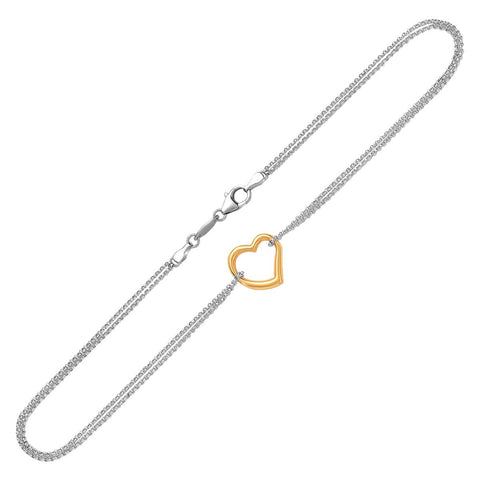 Size: 10'' - 14k Yellow Gold and Sterling Silver Anklet with a Single Open Heart Station