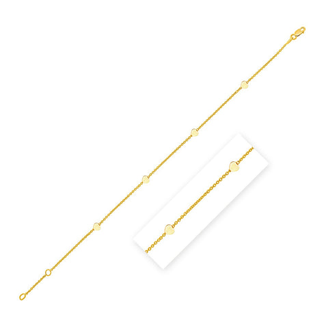 Size: 10 - 14k Yellow Gold Polished Station Heart Anklet (1.00 mm)