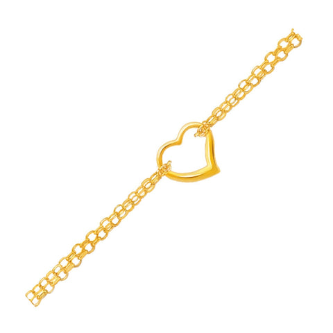 Size: 10'' - 14k Yellow Gold Double Rolo Chain Anklet with an Open Heart Station