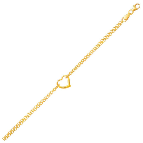 Size: 10'' - 14k Yellow Gold Double Rolo Chain Anklet with an Open Heart Station