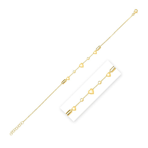 Size: 10 - 14k Yellow Gold Puff Heart Adjustable Anklet