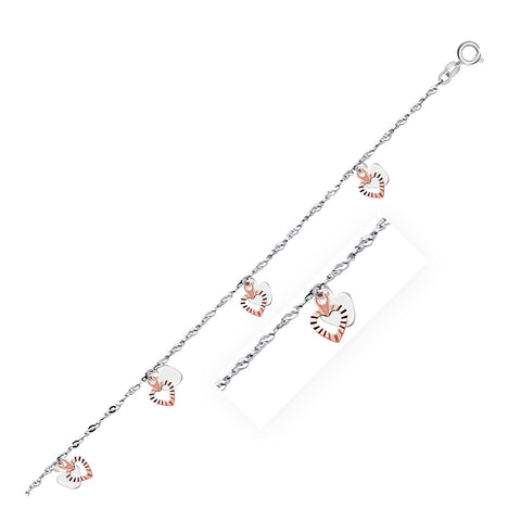 Size: 10'' - 14k White and Rose Gold Anklet with Dual Heart Charms