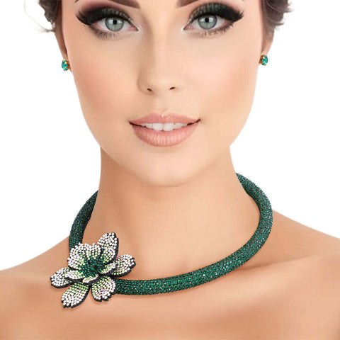 Choker Green Bling Offset Flower Set for Women