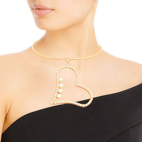 Gold Pearl Rhinestone Heart Choker Set