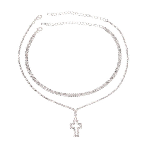 Silver Rhinestone Cross 2 Choker Set