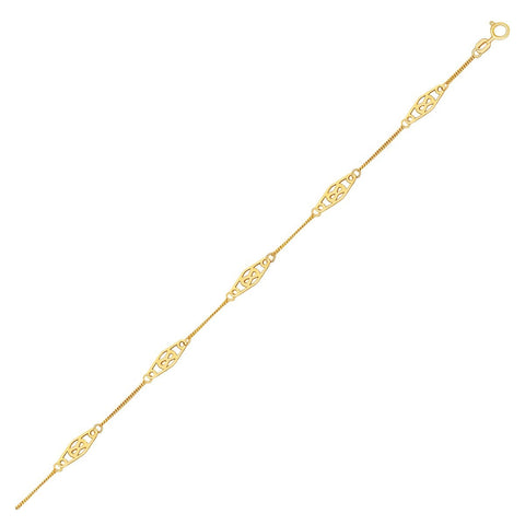 Size: 10'' - 14k Yellow Gold Anklet with Fancy Diamond Shape Filigree Stations