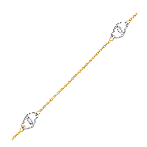 Size: 10'' - 14k Two Tone Gold Entwined Heart Stationed Anklet