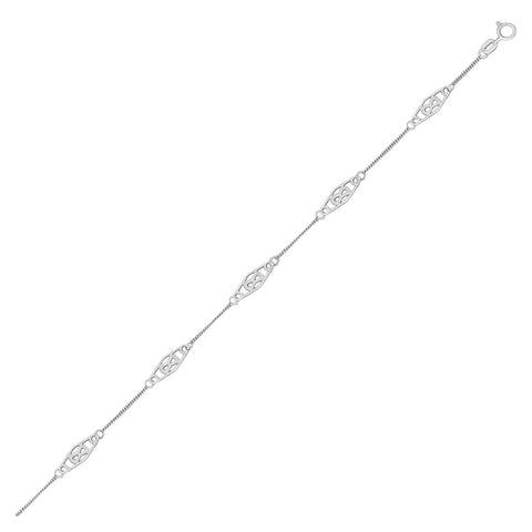 Size: 10'' - 14k White Gold Anklet with Fancy Diamond Shape Filigree Stations