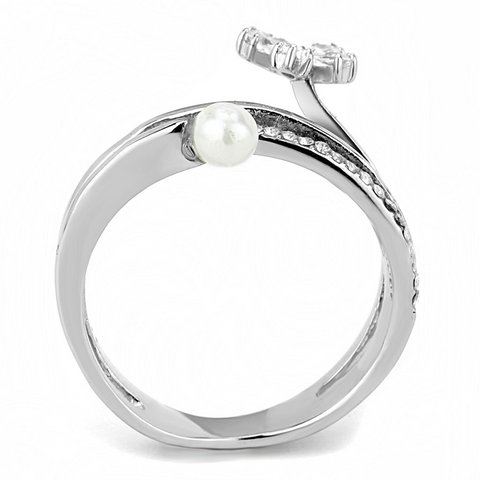 DA059 - High polished (no plating) Stainless Steel Ring with Synthetic Pearl in White