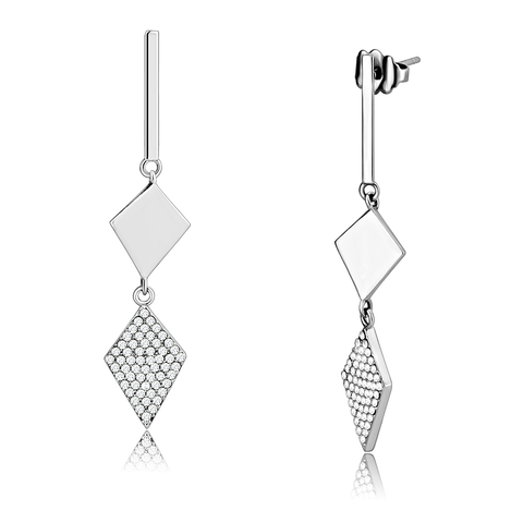 DA194 - High polished (no plating) Stainless Steel Earrings with AAA Grade CZ  in Clear