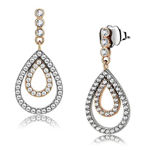 DA227 - Two-Tone IP Rose Gold Stainless Steel Earrings with AAA Grade CZ  in Clear