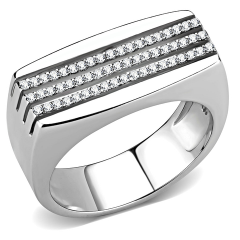 DA279 - High polished (no plating) Stainless Steel Ring with AAA Grade CZ  in Clear