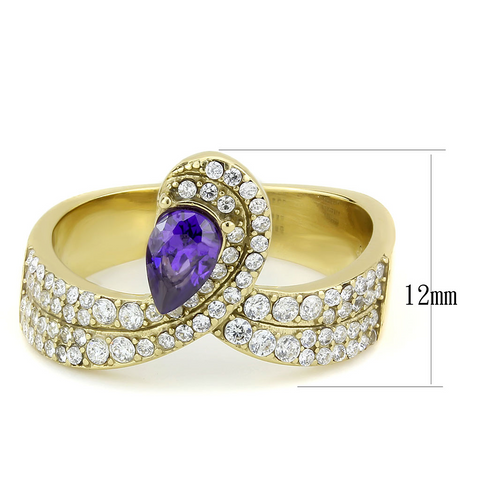 DA304 - IP Gold(Ion Plating) Stainless Steel Ring with AAA Grade CZ  in Tanzanite