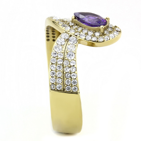 DA304 - IP Gold(Ion Plating) Stainless Steel Ring with AAA Grade CZ  in Tanzanite