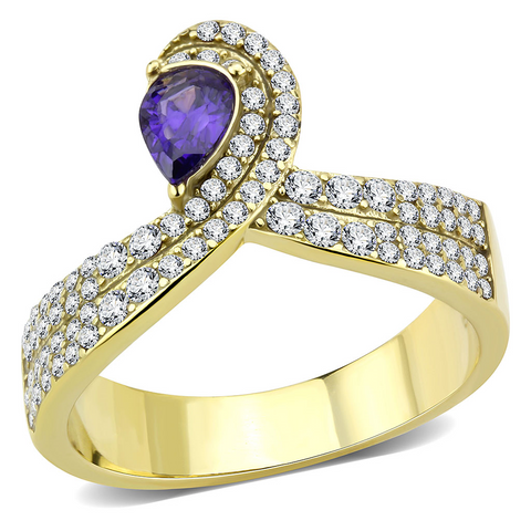 DA304 - IP Gold(Ion Plating) Stainless Steel Ring with AAA Grade CZ  in Tanzanite