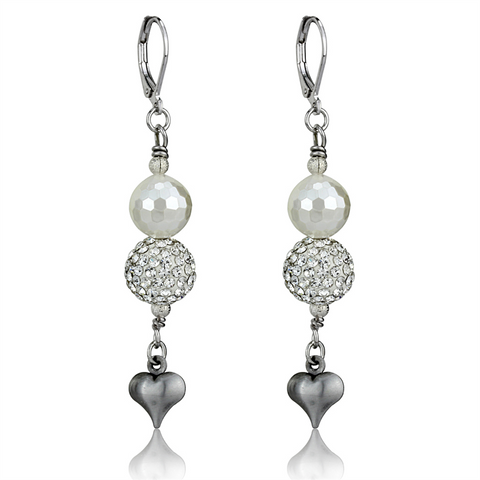 LO3804 - Antique Silver White Metal Earrings with Synthetic Glass Bead in White