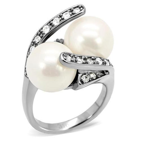 TK113 - High polished (no plating) Stainless Steel Ring with Synthetic Pearl in White