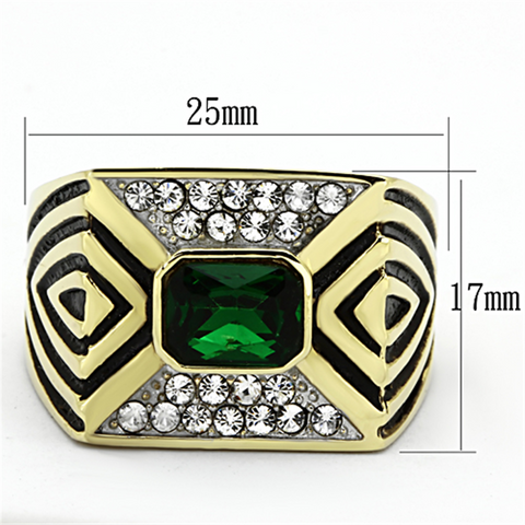 TK1195 - Two-Tone IP Gold (Ion Plating) Stainless Steel Ring with Synthetic Synthetic Glass in Emerald