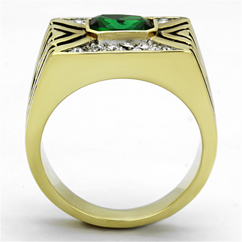 TK1195 - Two-Tone IP Gold (Ion Plating) Stainless Steel Ring with Synthetic Synthetic Glass in Emerald