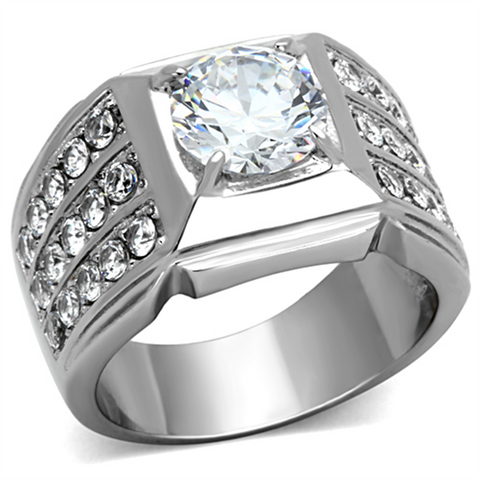 TK1233 - High polished (no plating) Stainless Steel Ring with AAA Grade CZ  in Clear