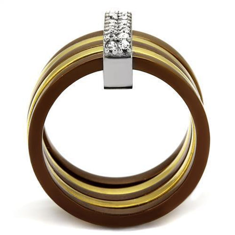 TK2601 - Three Tone IP?IP Gold & IP Light coffee & High Polished) Stainless Steel Ring with Top Grade Crystal  in Clear