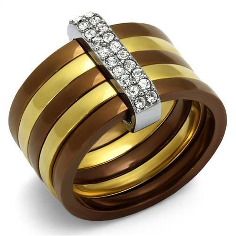 TK2601 - Three Tone IP?IP Gold & IP Light coffee & High Polished) Stainless Steel Ring with Top Grade Crystal  in Clear