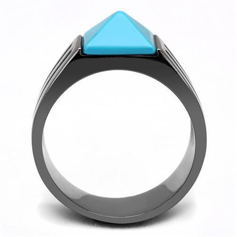 TK3074 - IP Light Black  (IP Gun) Stainless Steel Ring with Synthetic Turquoise in Sea Blue