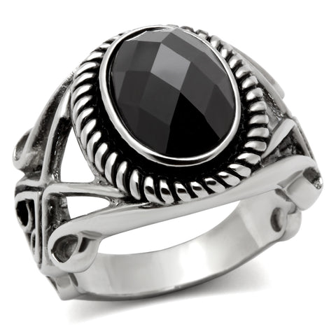 TK322 - High polished (no plating) Stainless Steel Ring with AAA Grade CZ  in Black Diamond