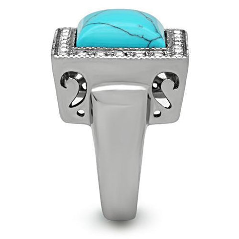 TK323 - High polished (no plating) Stainless Steel Ring with Synthetic Turquoise in Sea Blue