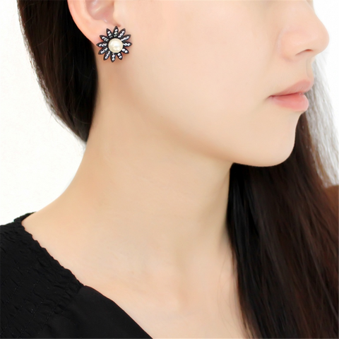 TK3484 - IP Black(Ion Plating) Stainless Steel Earrings with Synthetic Pearl in White