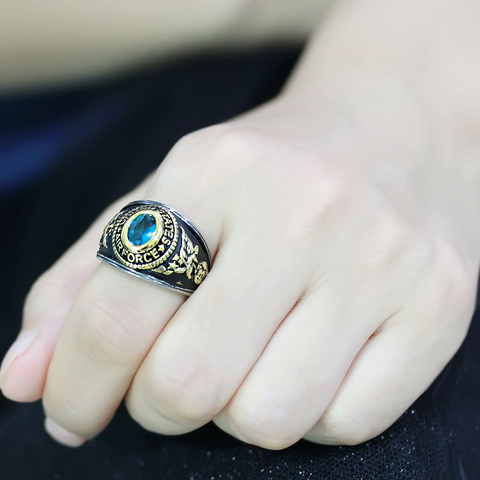 TK3725 - Two-Tone IP Gold (Ion Plating) Stainless Steel Ring with Synthetic Synthetic Glass in Sea Blue