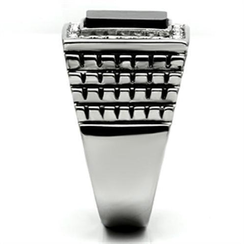 TK592 - High polished (no plating) Stainless Steel Ring with Synthetic Synthetic Stone in Jet