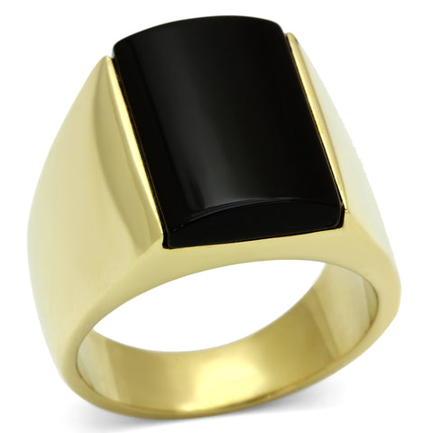 TK726 - IP Gold(Ion Plating) Stainless Steel Ring with Semi-Precious Onyx in Jet