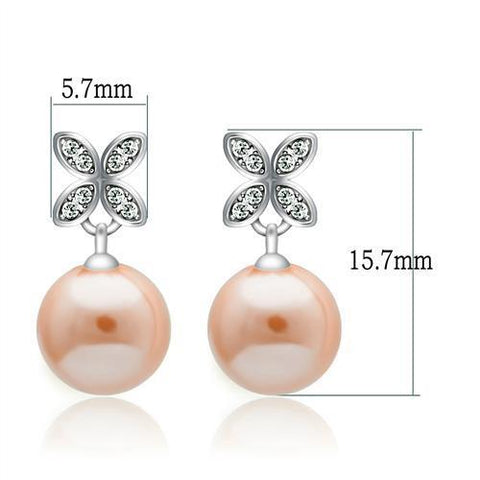 TS040 - Rhodium 925 Sterling Silver Earrings with Synthetic Pearl in Light Rose