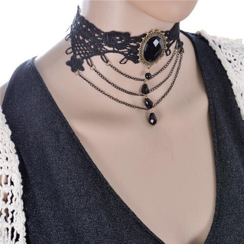 Court Fashion Gem Embellished with Waterdrops Beads and Triple Chain Tassel Floral Lace Choker Necklace