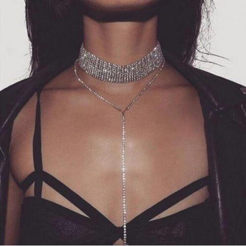 4 Colors Available Shining Rhinestone Long Chain Tassel Fashion Women Choker Necklace