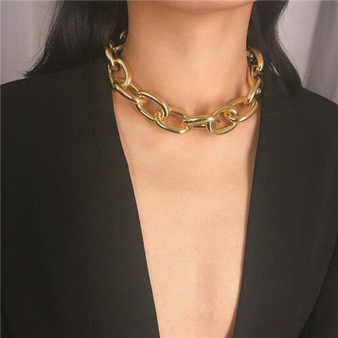 Chunky Chain Bold Fashion Choker Necklace and Bracelet 2 pcs Set - Golden