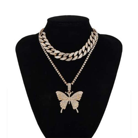 Bold Butterfly Pendant Rhinestone Chain Choker Dual Layers High Fashion Women Costume Necklace - Golden