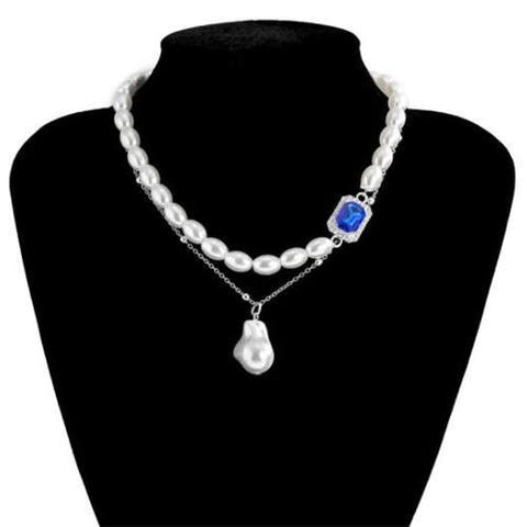 Baroque Style Wholesale Jewelry Oval Artificial Pearl Gem Embellished Women Elegant Choker Necklace - Silver and Blue