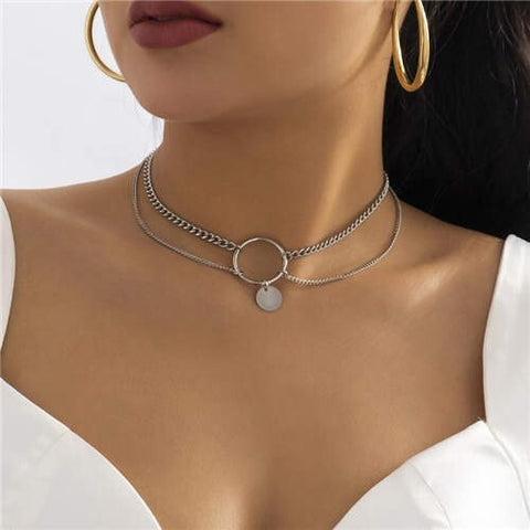 Cool Style Simple Ring Sequin Pendant Clavicle Chain Fashion Choker Necklace - Silver