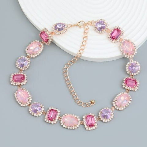 Exaggerated Style Full Rhinestone Women Choker Statement Necklace - Pink