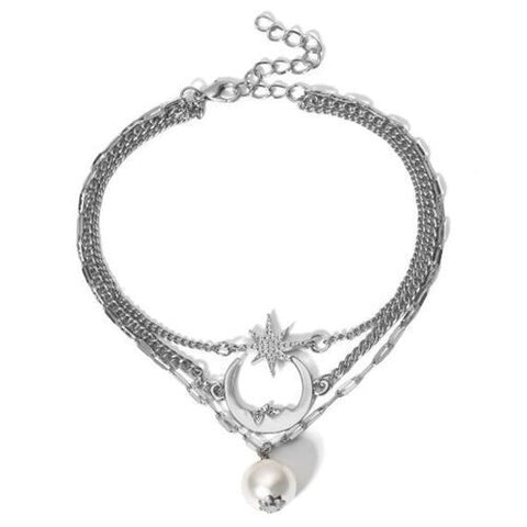 Moon Star and Pearl Pendants Triple Chains High Fashion Women Anklet - Silver