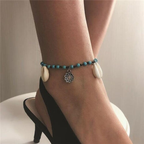 Seashell and Vintage Flower Pendant Turquoise Beads Fashion Women Anklet