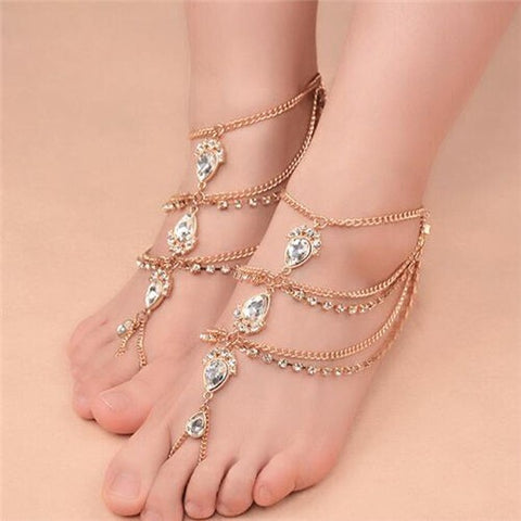 Glistening Waterdrop Rhinestone Embellished Folk Style Women Anklet - Golden