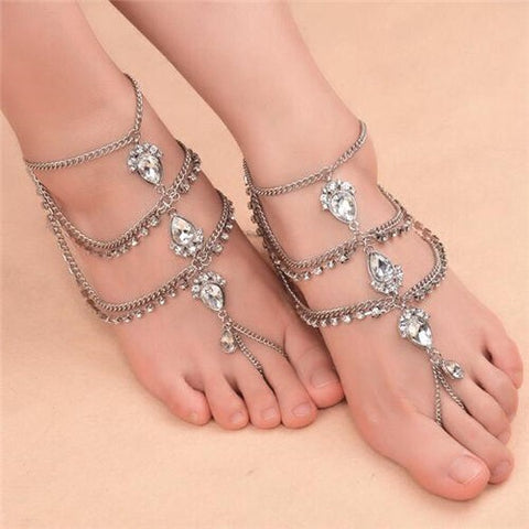 Glistening Waterdrop Rhinestone Embellished Folk Style Women Anklet - Silver